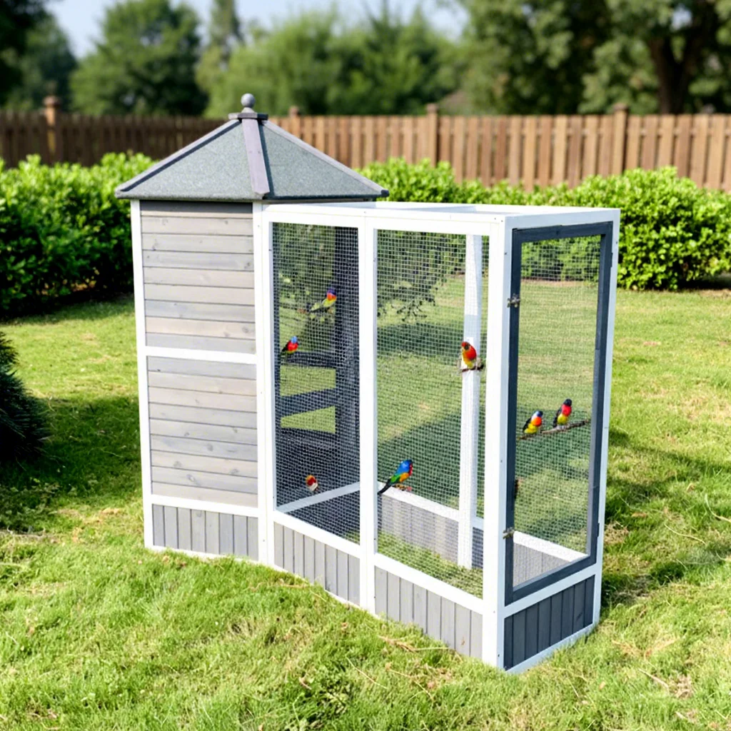 

Custom SDB011 Luxury Modern Backyard Bird Aviary Separate Resting Hut Spacious Mesh Run Weatherproof Wood Pavilion Roof Easy-Acc