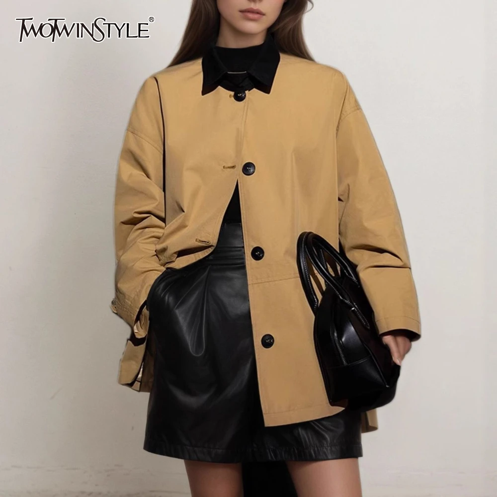 

TWOTWINSTYLE, однотонная однобортная базовая куртка, женские свободные женские куртки с лацканами и длинными рукавами, летняя стильная модная новинка