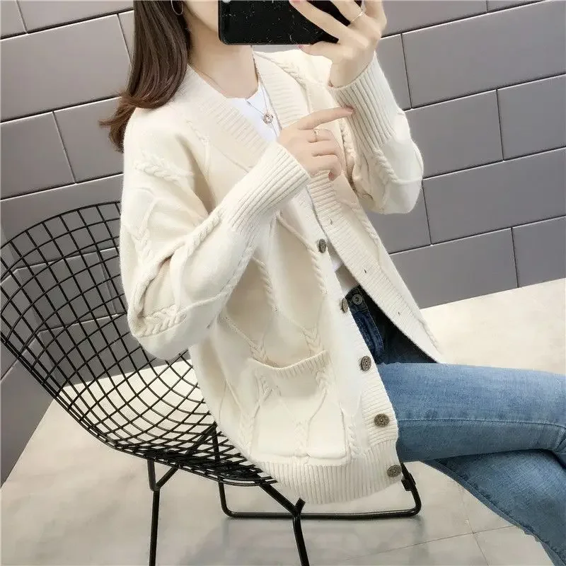 

Autumn Winter Women's Sweaters V-Neck Buttons Cardigans Female Oversize Casual Korean Knitwears Loose White Cardigan