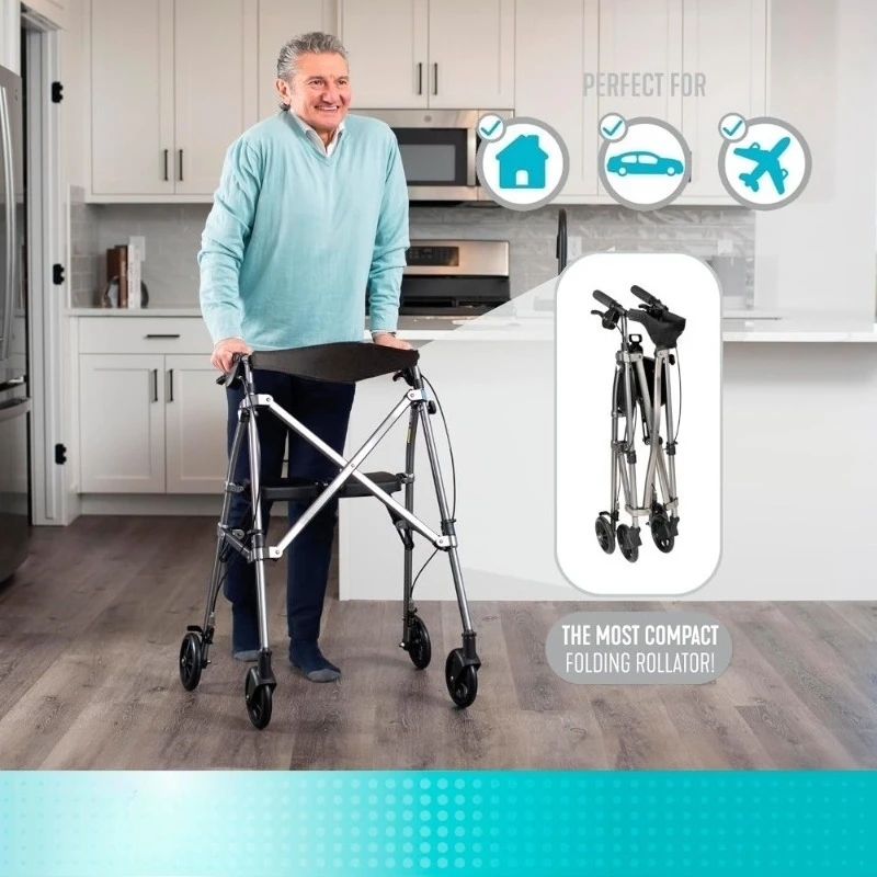 Opvouwbare rollator met zitting en rugleuning, 4 wielen, vergrendelingsremmen, lichtgewicht mobiliteitshulpmiddel voor senioren, volwassenen, blauw
