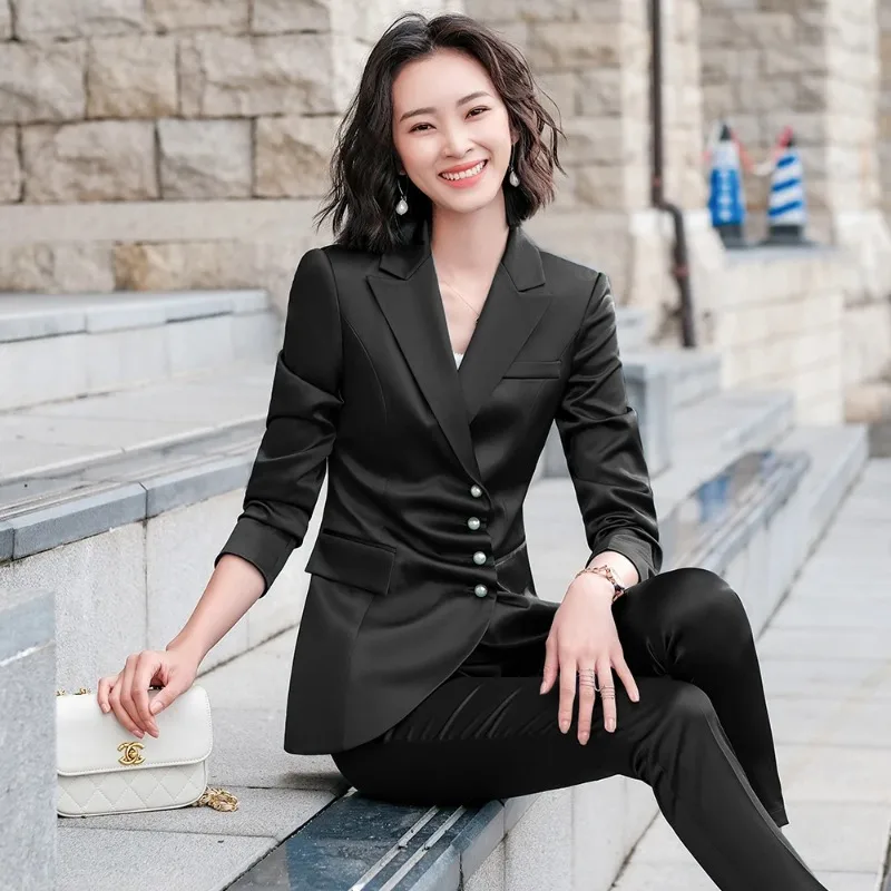 Fashion Women Pant Suit Pleated Blazer Jacket+Trouser Office Ladies White Blue Black Female Formal 2 Piece Set for Summer Spring