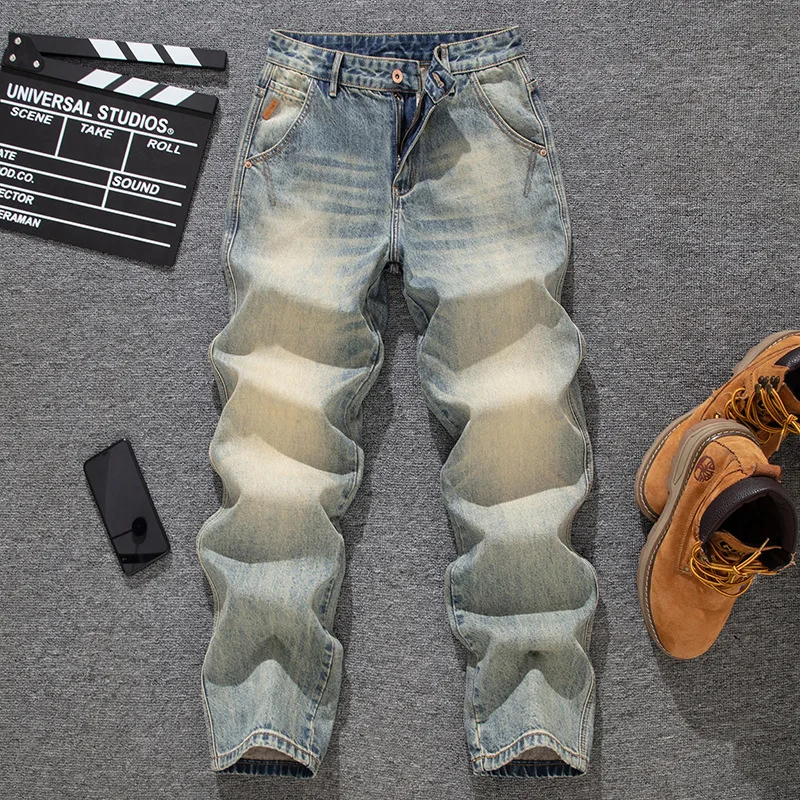 

Spring and summer loose straight leg jeans for men, retro and nostalgic, versatile for youth, yellow mud casual pants