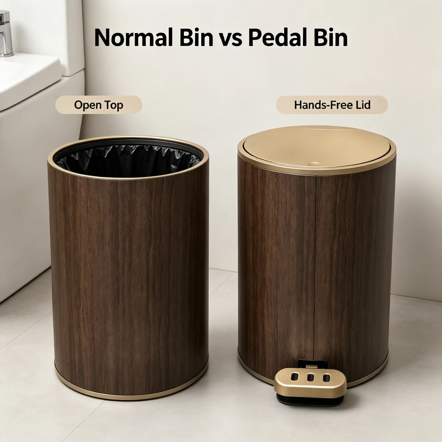 Dual‑Mode Pedal & Press‑Open Waste Bin, Wood‑Grain Round Lidded Trash Can with Removable Inner Bucket, Elegant Gold‑Trim Garbage Container for Bathroom Bedroom Home Office