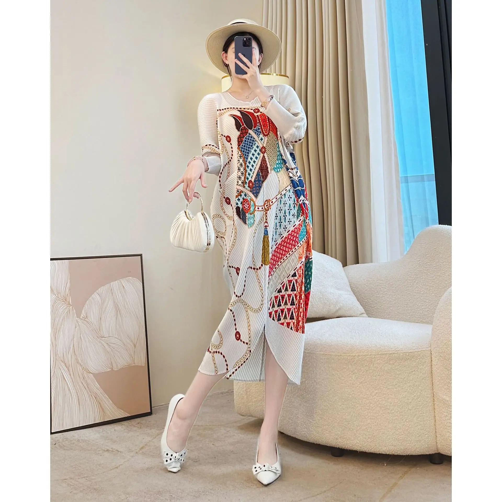 

Miyake Pleated Women's Dresses Mid-length Printed Dresses Loose Plus Size Bat Sleeve Fashion Casual Skirts 2025 Early Spring New