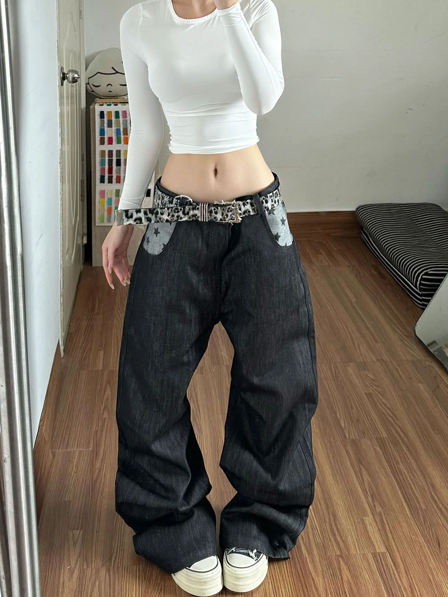 Stars Patchwork Wide Leg Straight Cut Jeans Men's Women's Autumn 2026 New Street Retro Loose Fit Jeans Casual Fashion
