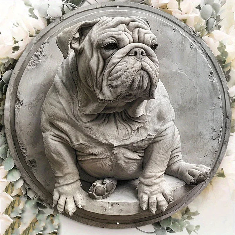 Metal Sign Statue Of English Bulldog Round Aluminum Door Hanger Wall Wreath Metal decoraciรณn bar vintage home decor