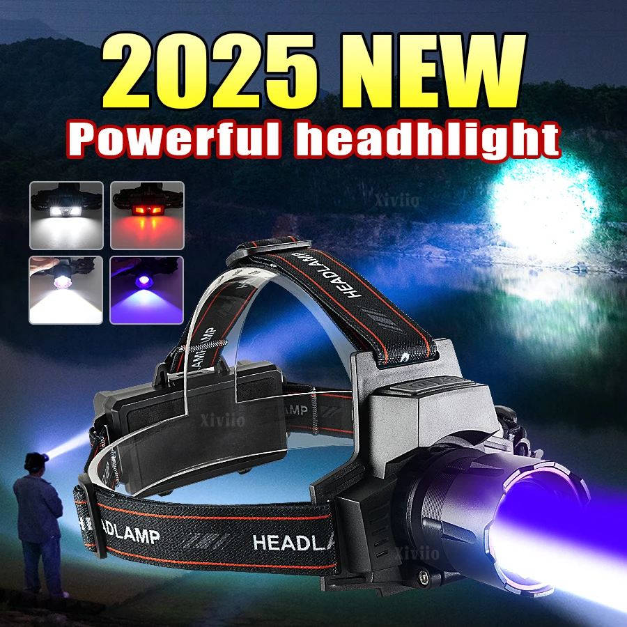 5000000LM Super Powerful LED Headlamp White/Purple Light Rechargeable Headlight 18650 Head Flashlight Waterproof Fishing Lantern