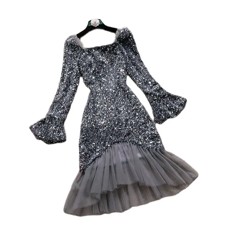 N178 Black Grey Sequin Cocktail Dress Lady Women Winter Square Neck Ruffle Sleeve Mermaid Prom Party Dresses Girl Female Robe