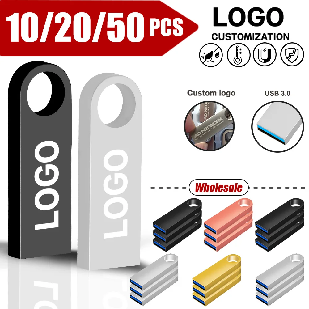 

10/20/50PCS Free Custom LOGO USB Flash Drive 3.0 High Speed Pen Drive 16GB 32GB 64GB 128GB Pendrive Metal Usb Sticks with Key