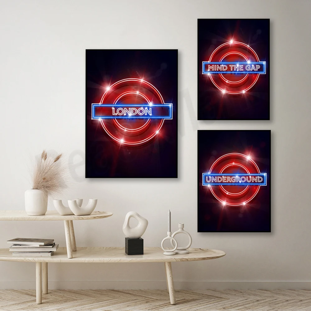 Neon renderings London, Piccadilly Circus, Camden Town, Baker Street, Oxford Circus, night tube illustration, mind the gap poste