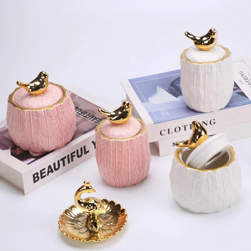 Electroplated Golden Bird Ceramic Storage Jar, Feather Relief Animal Decoration Candle Jar, Jewelry Display Box, Household Items