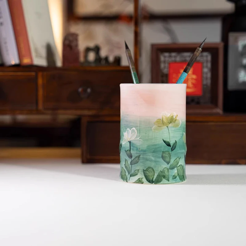 Elegant Hand Painted Lotus Flower Pen Holder - Chinese Ceramic Brush Pot, Decorative Desk Organizer