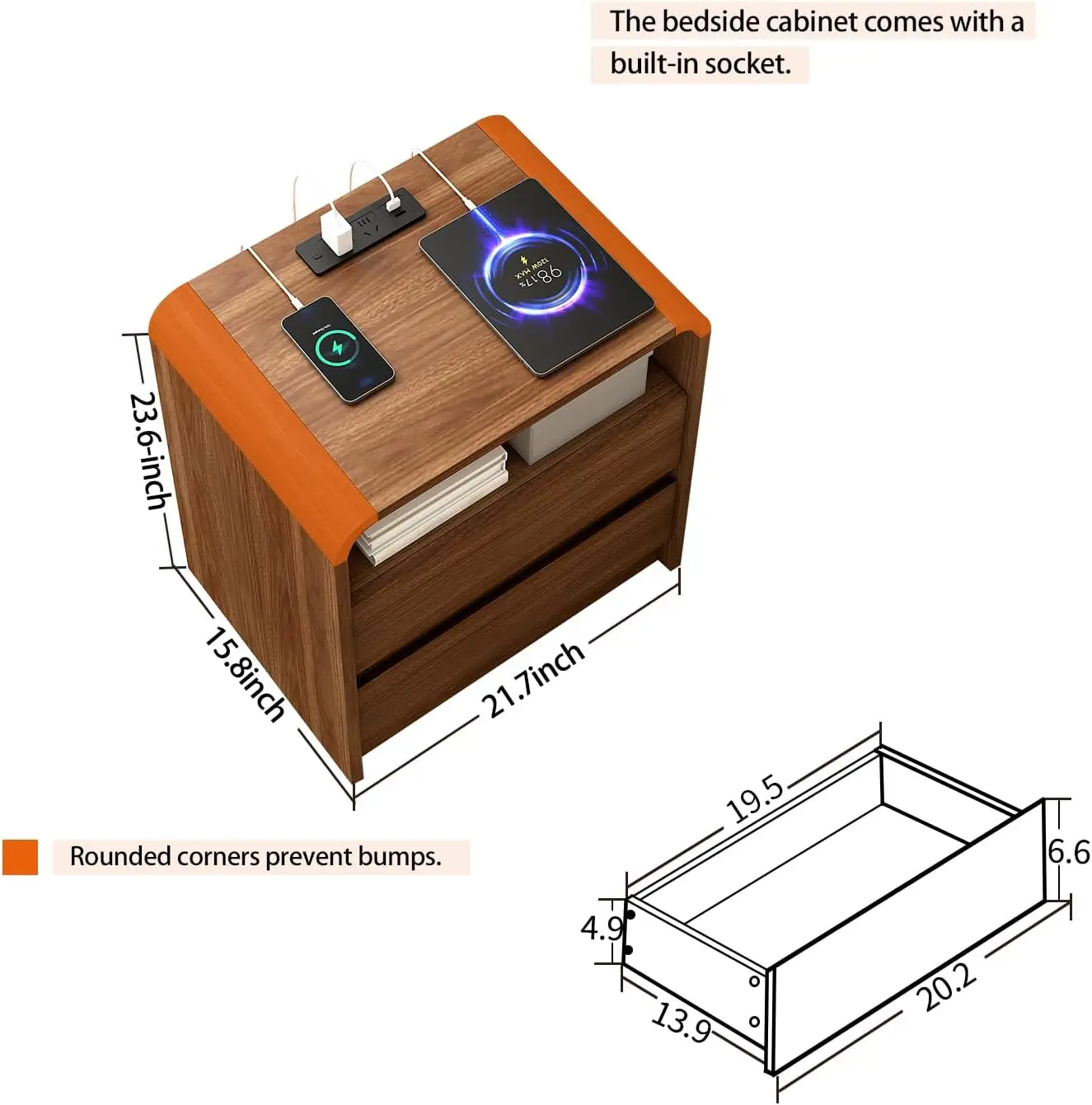 Modern Nightstand 23.6' Wide with Charging Station, Mid-Century Design, Anti-Collision Curve, Ideal for Dorm, Sofa, Office