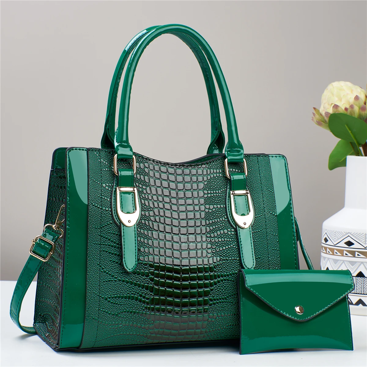 2pcs Glossy Crocodile Pattern Handbag Set, Fashion Top Handle Tote Bag, Women\'s Crossbody Bag With Mini Card Coin Purse