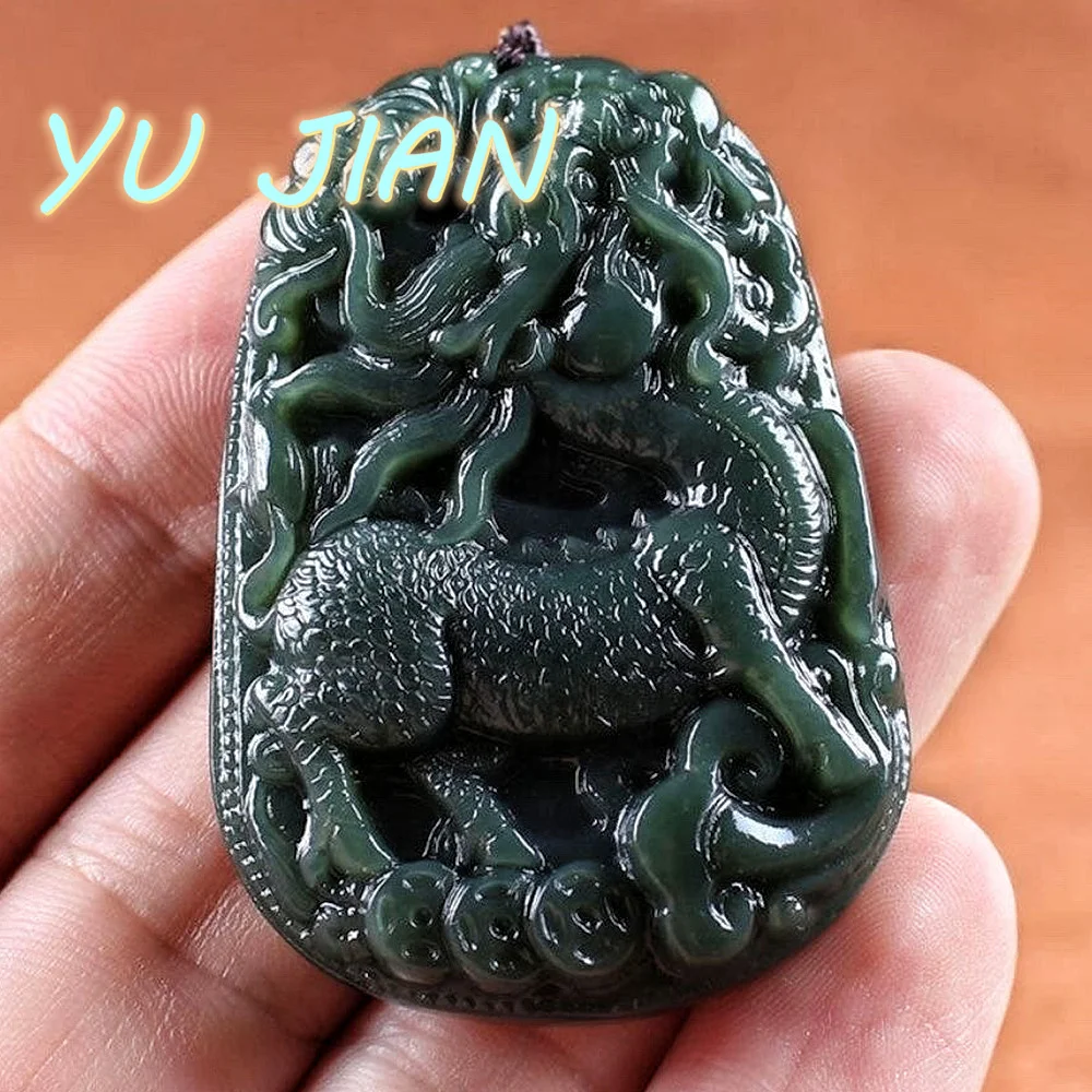 

Hetian Jade Green-Jade Kirin Pendant Unicorn Hanging Domineering Hand Carved Three-dimensional Necklace Beads Chain Fine Jewelry