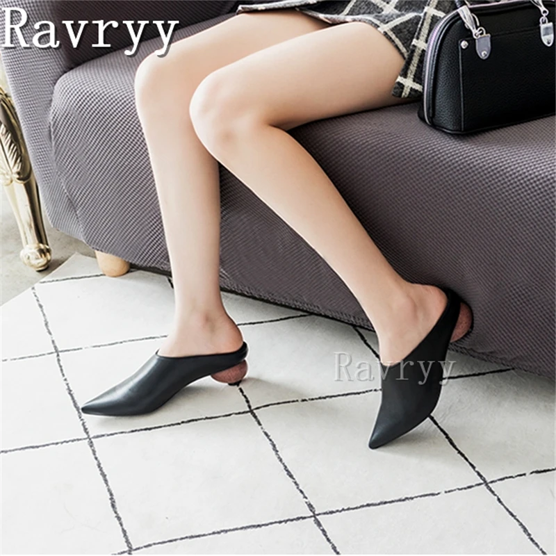 

Genuine Leather Pointed Toe Women's Slippers 2023 Early Spring New Fashion Eggs Middle Heel Sandals Outside Dress Shoes