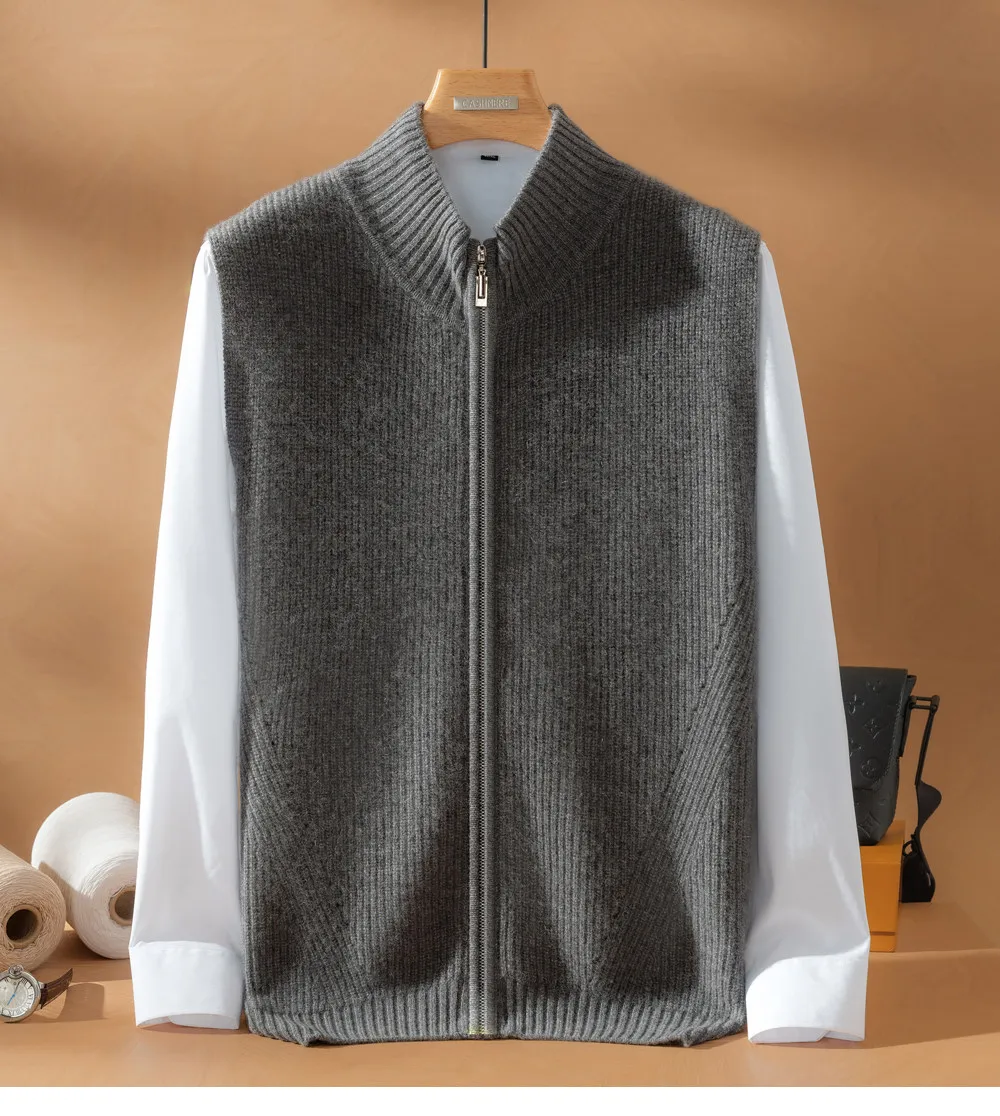 Half-high collar 100% pure cashmere sweater vest Men's winter knitted sleeveless sweater with waistcoat stand collar cardigan