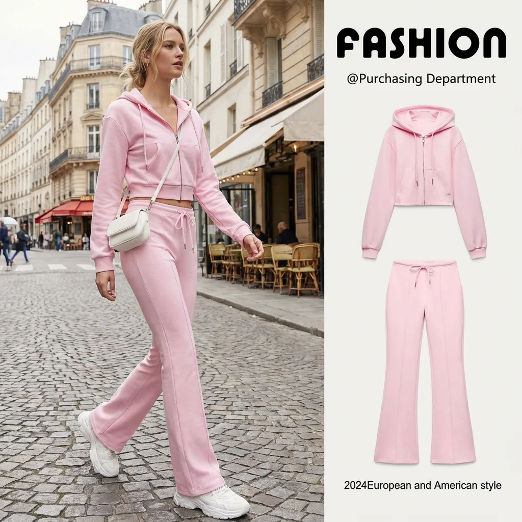 

Spring New Arrival Women's Long Sve Elastic ort Hoodie High Waist Bell Bot Pants Faionable Two Piece Set ZA2025