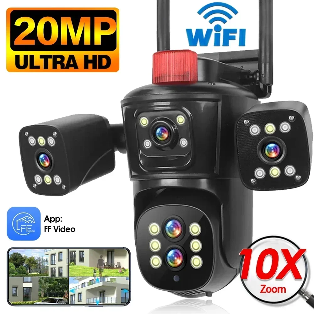 

360 ° 20-мегапиксельная 10K камера безопасности, Wi-Fi, уличная 10-кратная зумная камера с пятью объективами, четыре экрана, видеонаблюдение, автоматическое отслеживание PTZ