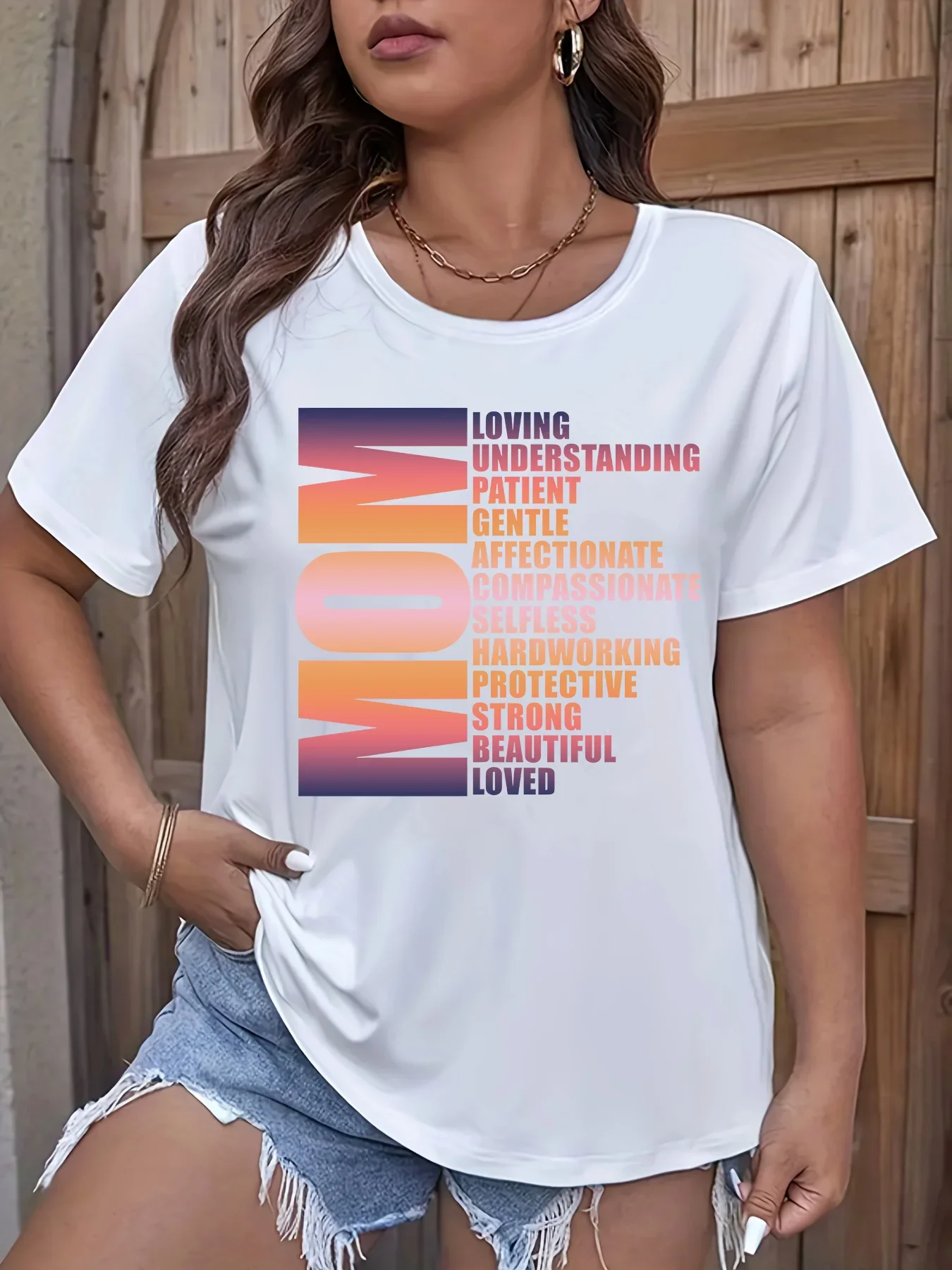 Artı Boyutu kadın Yaz Rahat Kısa Kollu Yuvarlak Yaka Üst T-Shirt Baskılı Grafik ANNE Metin Harfler Artı Boyutu Moda T-Shirt