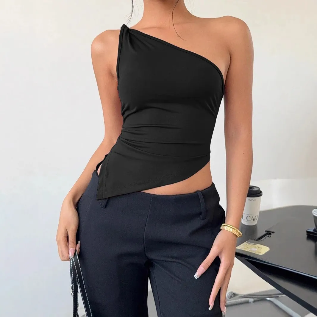 Off Shoulder Top Sleeveless Regular Length American and European Style with Camping Top Streetwear Pullover Style Women Tanks