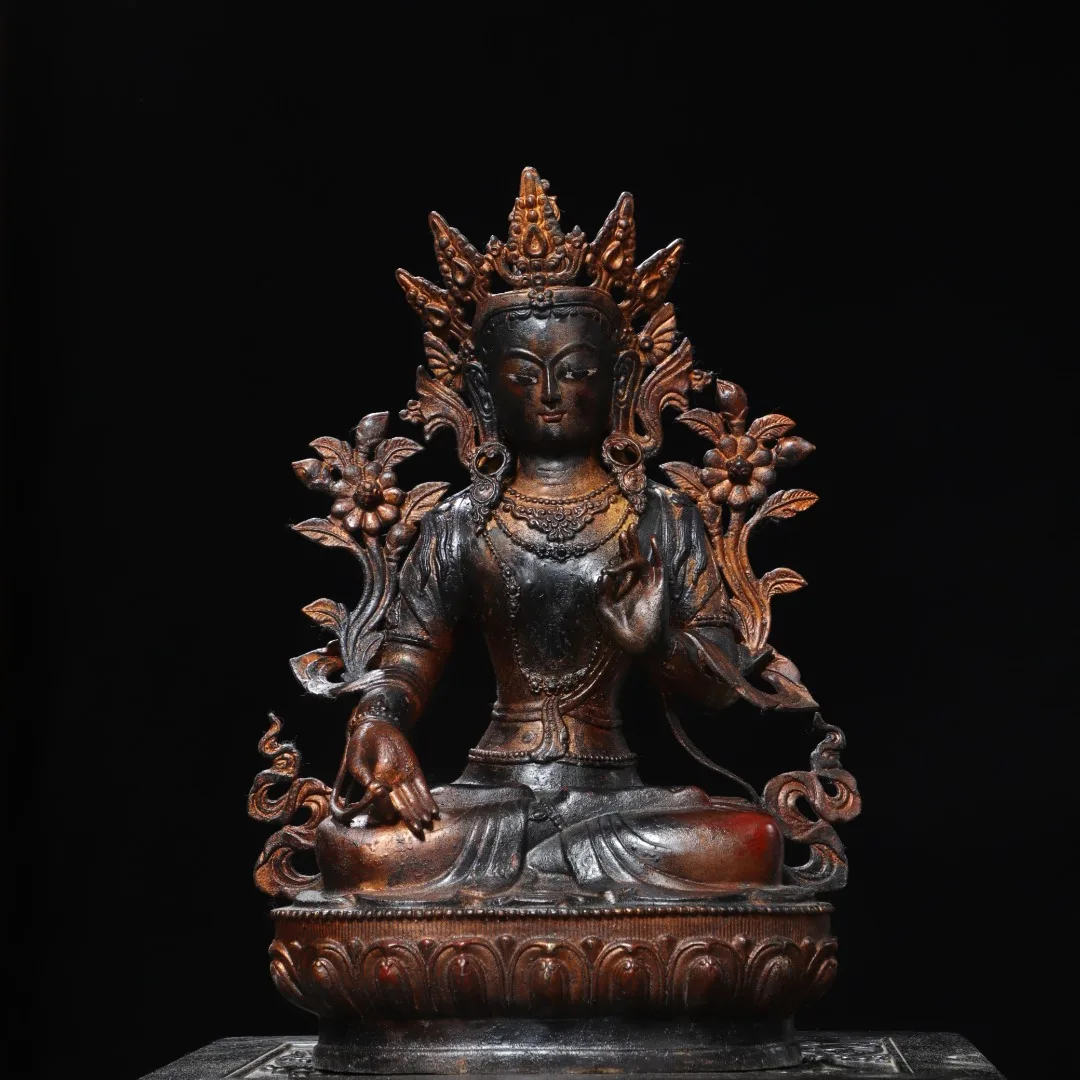 

19"temples Old Bronze Gilded High Relief Cinnabar Mud gold Green Tara Sitting Buddha Amitabha Worship Hall Town house