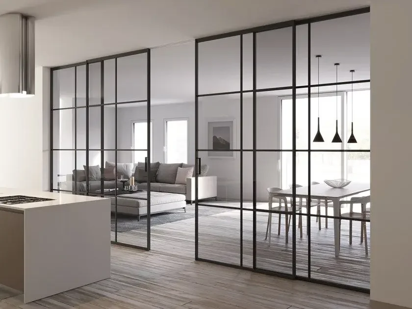 Porte scorrevoli con profilo in lega di alluminio all'ingrosso Porta in vetro temperato con design a griglia per sistema di porte scorrevoli in vetro per balcone sun room