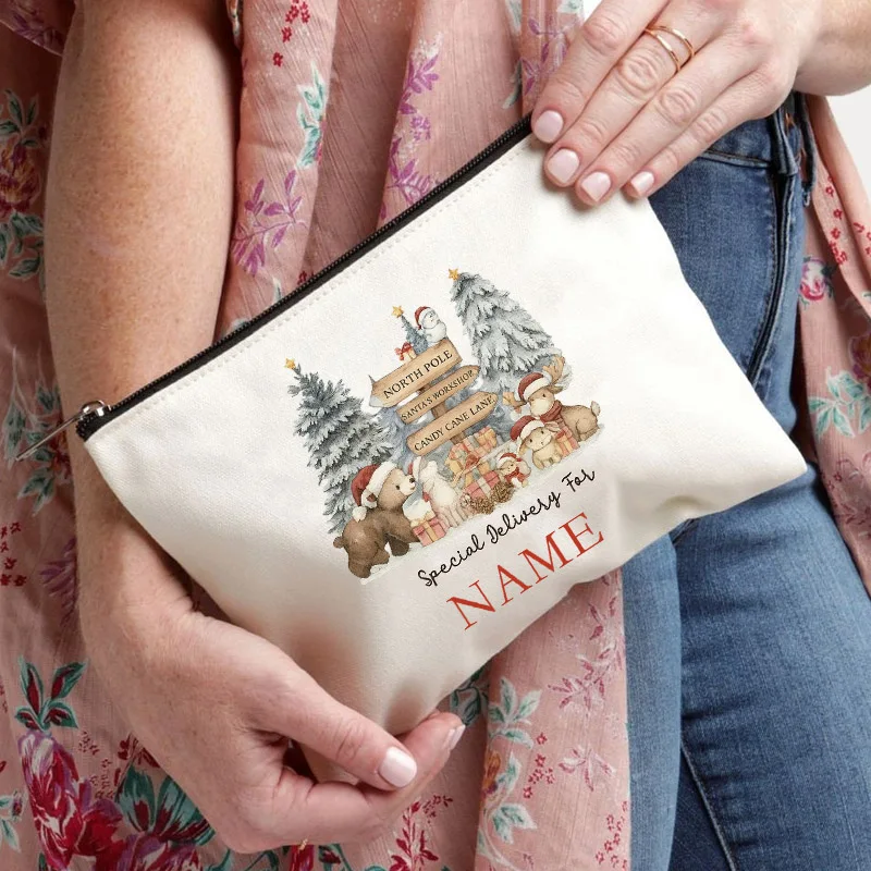 Personalized Christmas Makeup Bag Watercolor Woodland Animals Canvas Zipper Pouch Custom Name Special Delivery Cosmetic Bag Gift