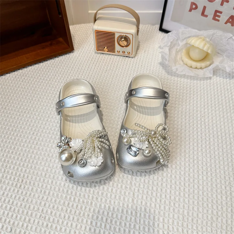 Kids'Casual Sandals EVA Summer Fashion Pearl Outdoor Soft Bottom Children Breathable Anti-slip Beach Black White Silver