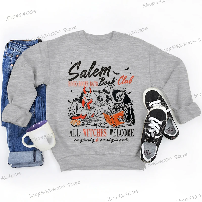 魔女ブッククラブ スウェットシャツ ハロウィンブック スケルトン レディース服 ファッション クルーネック ブックワーム 長袖 不気味な季節 プルオーバー