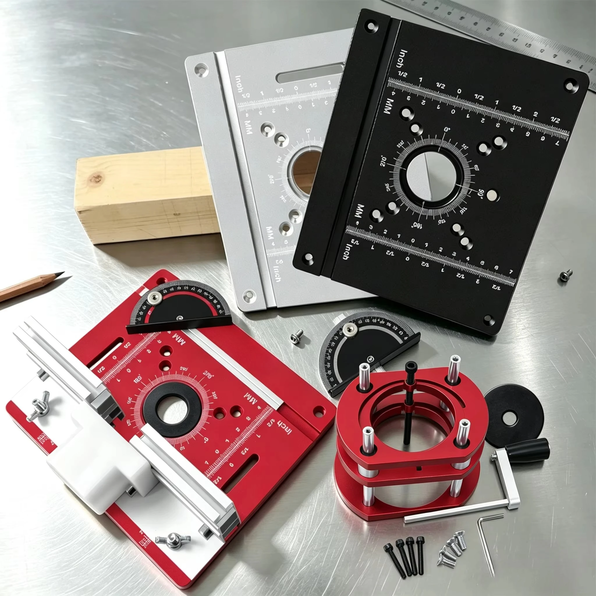 For Slotting Trimming Chamfering Aluminum Router Table Insert Plate Set with Router Lift Base, Multifunctional Woodworking Tool