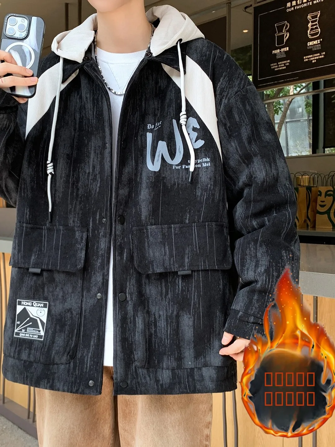 

Thiened Fce Hooded Jaet for Men Sli Trendy Cotton Coat Warm Casual Loose Fit Long Sve Zipper Closure Youthful