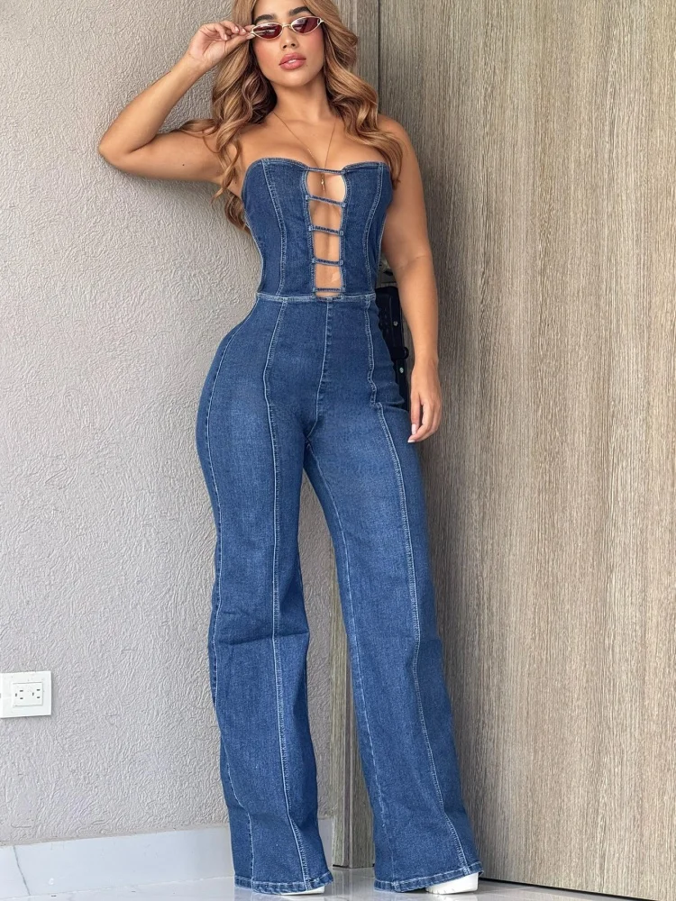 

Sister Star Women's Jumpsuit Fashion Bustier Backless Slim Straight Wide Leg Temperament Commuter Street Denim Jumpsuit Outfit