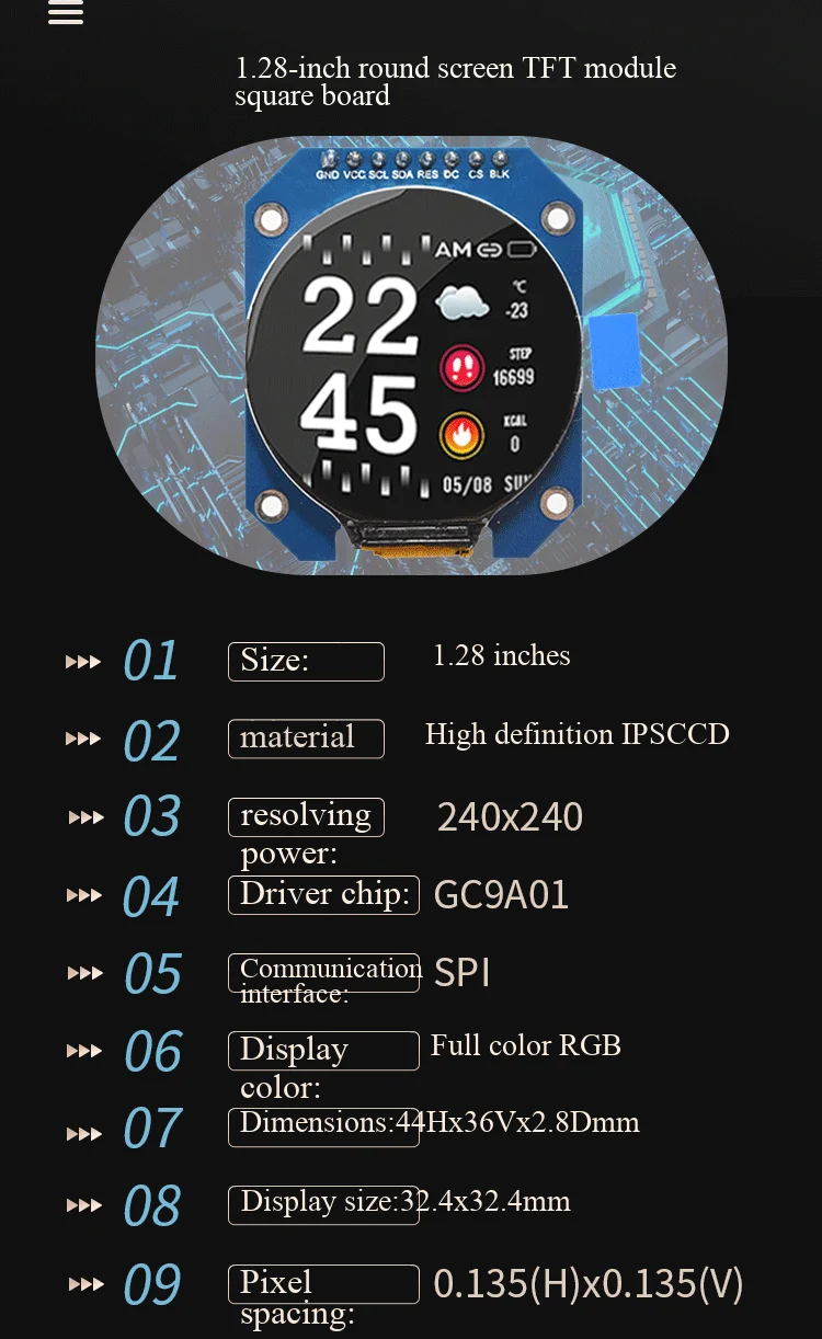1,28/1,54-Zoll rundes TFT-Modul mit 240x240 hochauflösendem IPS-Vollbild-LCD-Display in Vollfarben-RGB – Detail 5