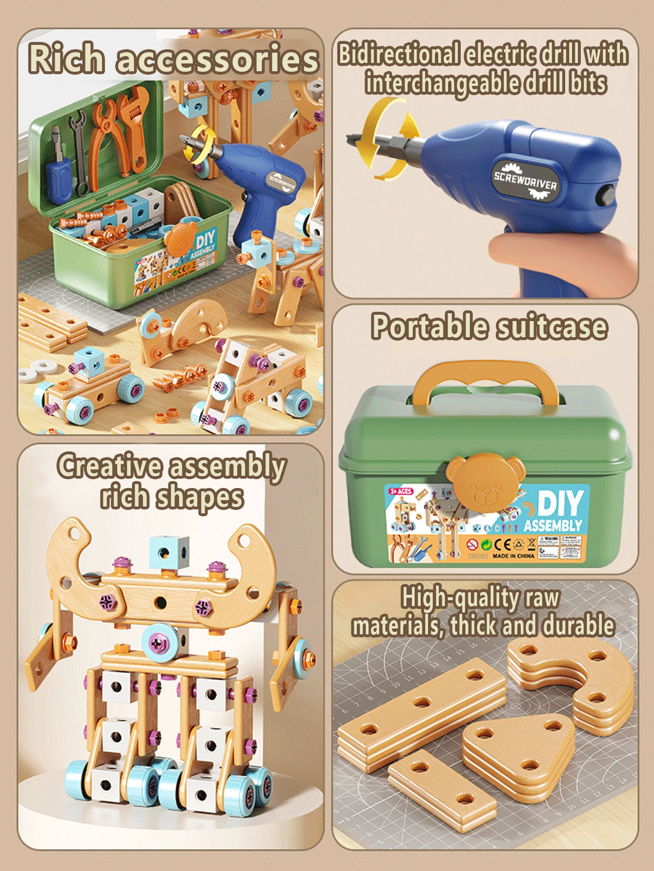 Ensemble de jeu d'ingénierie d'assemblage de bricolage pour enfants, tournevis électrique de 126 pièces, vis, plaque, roue et outil, Robot de transformation, Chr