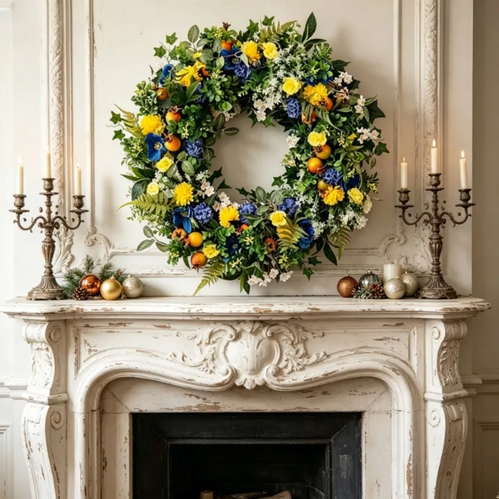Floral Garland Spring Wreath For Spring Season Vibrant Blooms Sturdy Hanging Loop Weather Resistant Silk Flower Construction