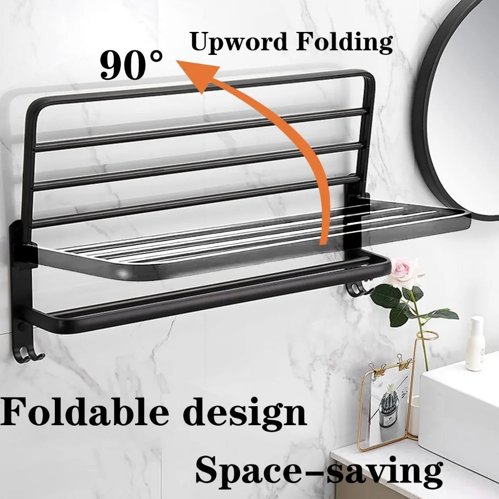 Bathroom Towel Rack with Double Bar and Foldable Shelf, Rust-Resistant Wall-Mounted Organizer