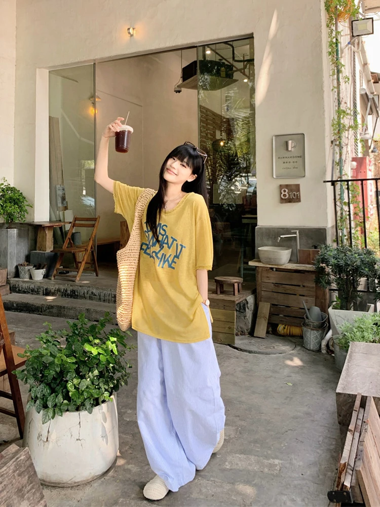 

Summer 2026 Women's Casual Striped T-shirt And Pants Set Loose Fit Short Sleeve Letter Print Lace Trim Comfortable Fashion Ou...