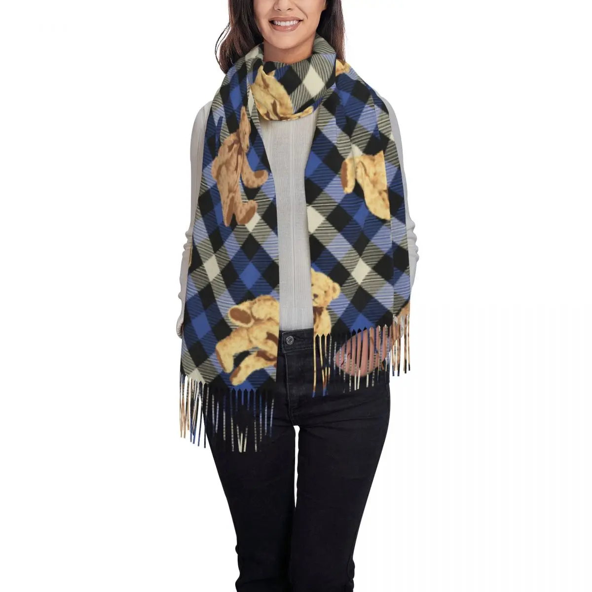 곰 스카프 레이디 격자 무늬 만화 다크 브라운 곰 스카프, 태슬 랩, 럭셔리 2024 숄 및 랩, 따뜻하고 부드러운 부판다 무제, 가을