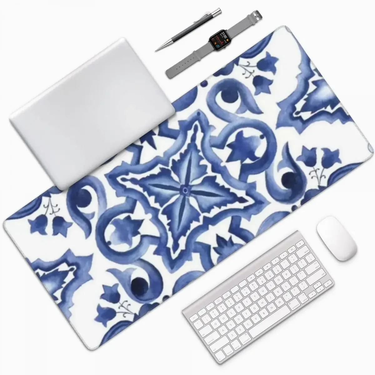 Blue Ornate Floral Mediterranean Sicilian Tile Large Mouse Pad Computer Keyboard Mouse Mat Gaming PC Laptop Desk Mat Table Mats