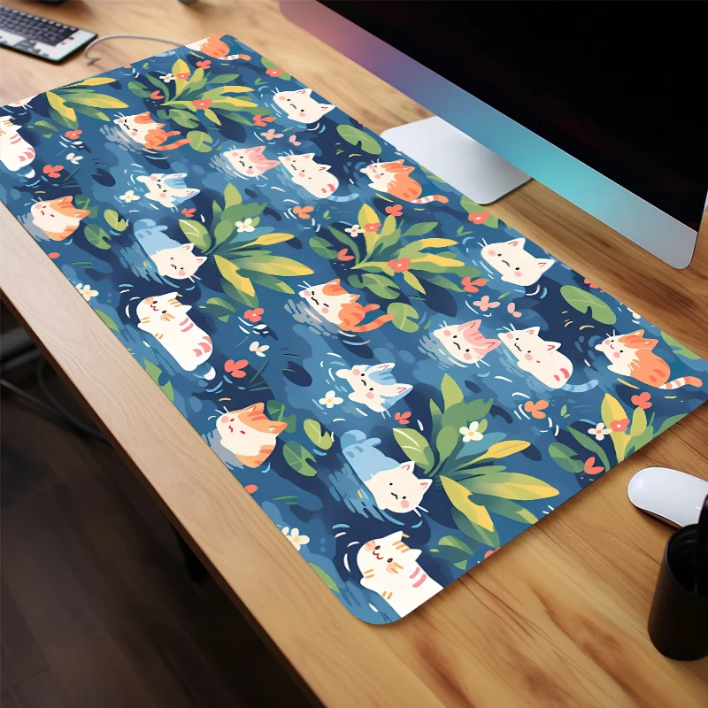 Kawaii gato mouse pad verde algas grandes e-sports tapete de mesa de escritório teclado antiderrapante borracha natural mouse pad 35.4x15.7 Polegada