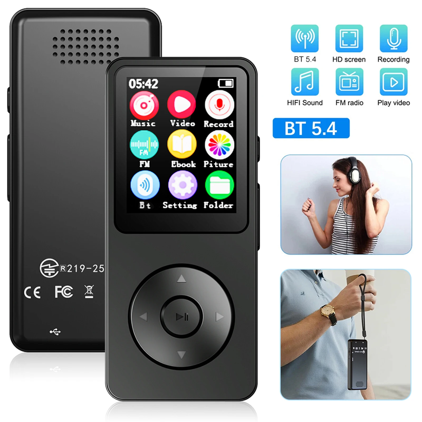 

MP3-плеер с Bluetooth 5.4, портативный цифровой музыкальный плеер с динамиком, FM-радио, диктофоном, электронной книгой и наушниками в комплекте для детей