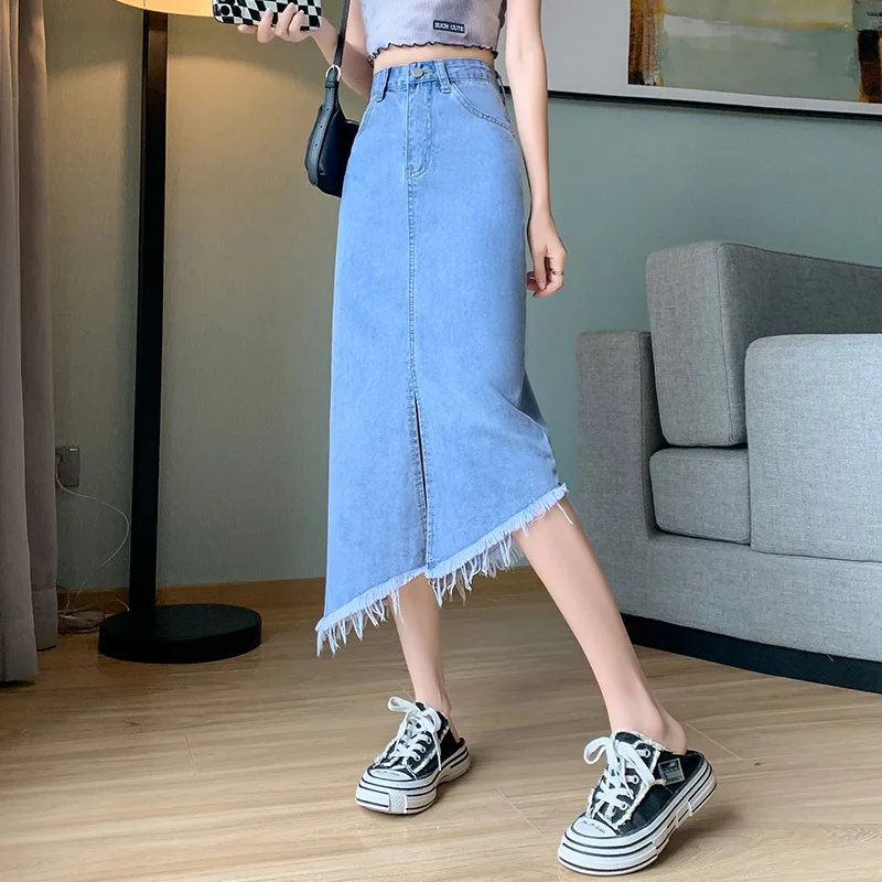

Fashion Women Denim Skirt 2023 Spring New Irregular Tassel Raw Edge High Waist Split Skirt Korean Style Casual A-Line Skirts