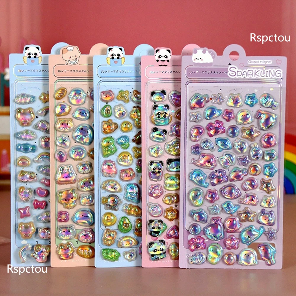 10pcs Cartoon Sparking Animal Crystal Stickers Cute Bear Bunny Marine Animals 3D Relief Decals DIY Laptop Guitar Phone Sticker