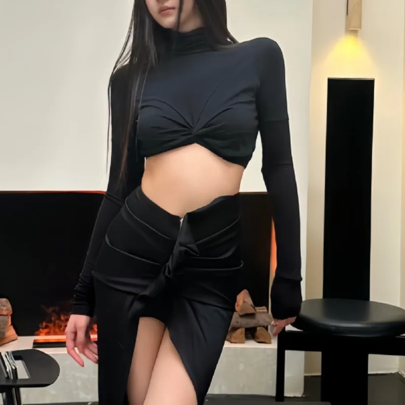 HKSH Primavera Autunno Nuove Donne T-Shirt Corta Manica Lunga Dolcevita Tinta Unita Pieghettato Slim Fit Sexy Basic Tees Chic Top HK13332