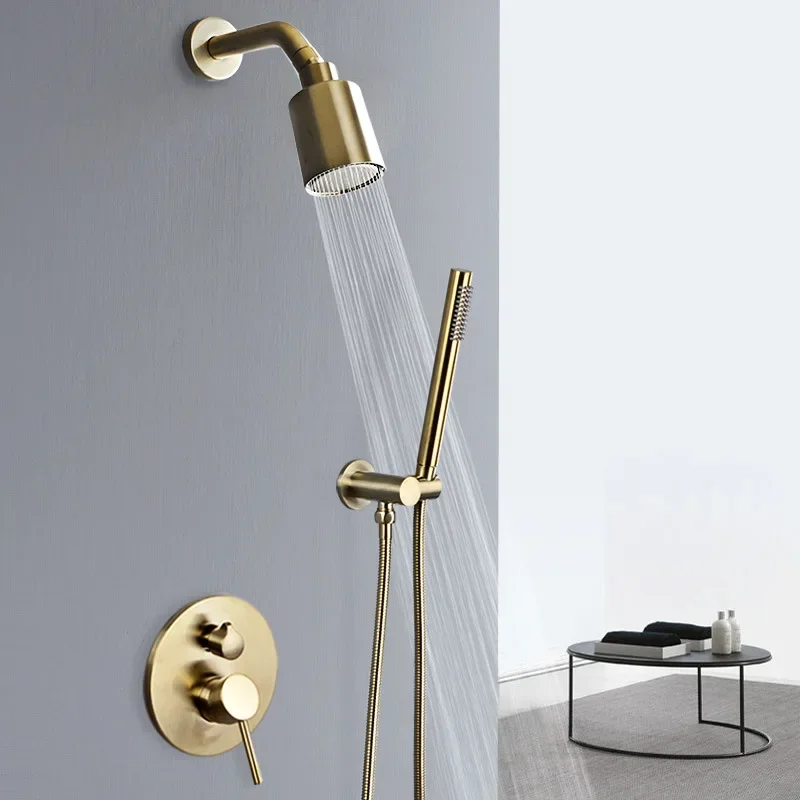 

Bathroom Shower Set In Wall Brushed Gold Rainfall Mixer, Cold & Hot Brass Bath and Mixer Tap Brass Bathroom Faucet