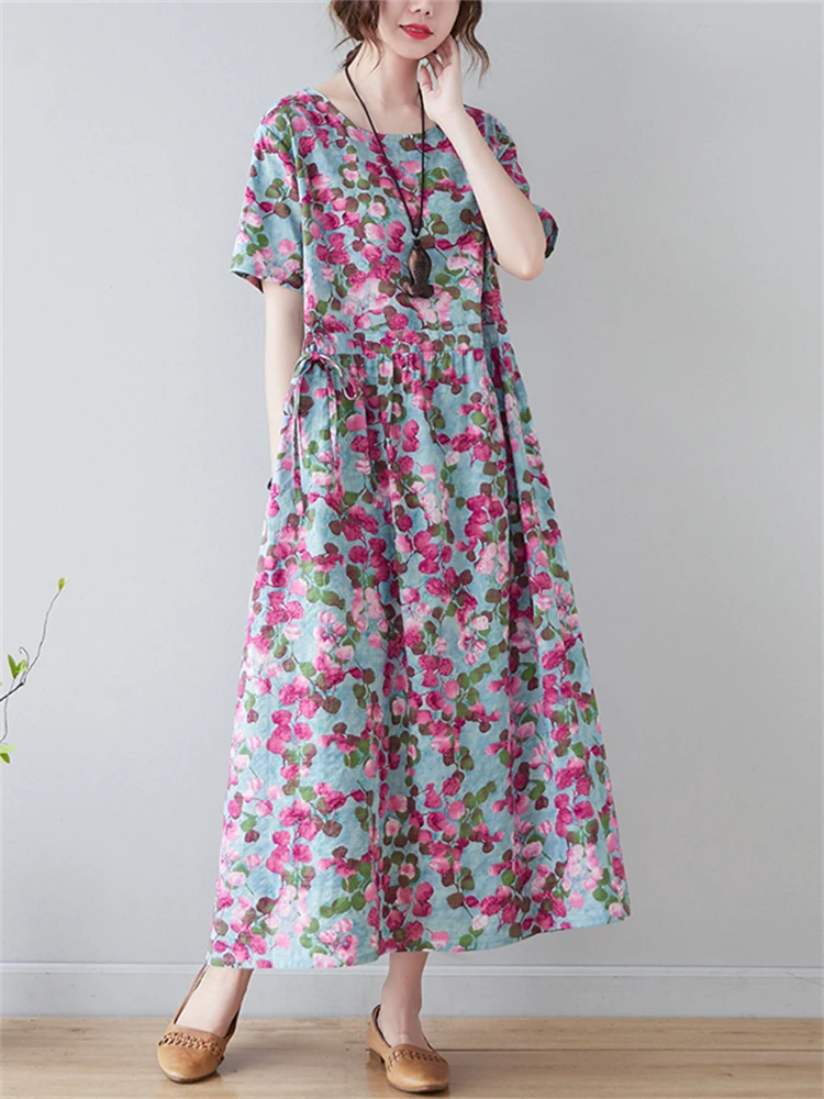 女性のための花柄のヴィンテージコットンロングドレス,夏服,カジュアル,オフィス,ワーク,エレガント,ファッショナブル,2023