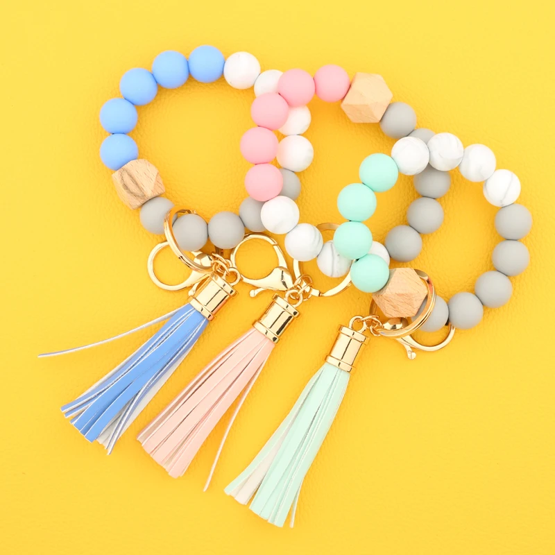 Silicone Beads Elastic Bangle Bracelet Keychain Women\'s bracelet gift Leather Tassel Silicone Beads Bracelet Wristlet Keychain