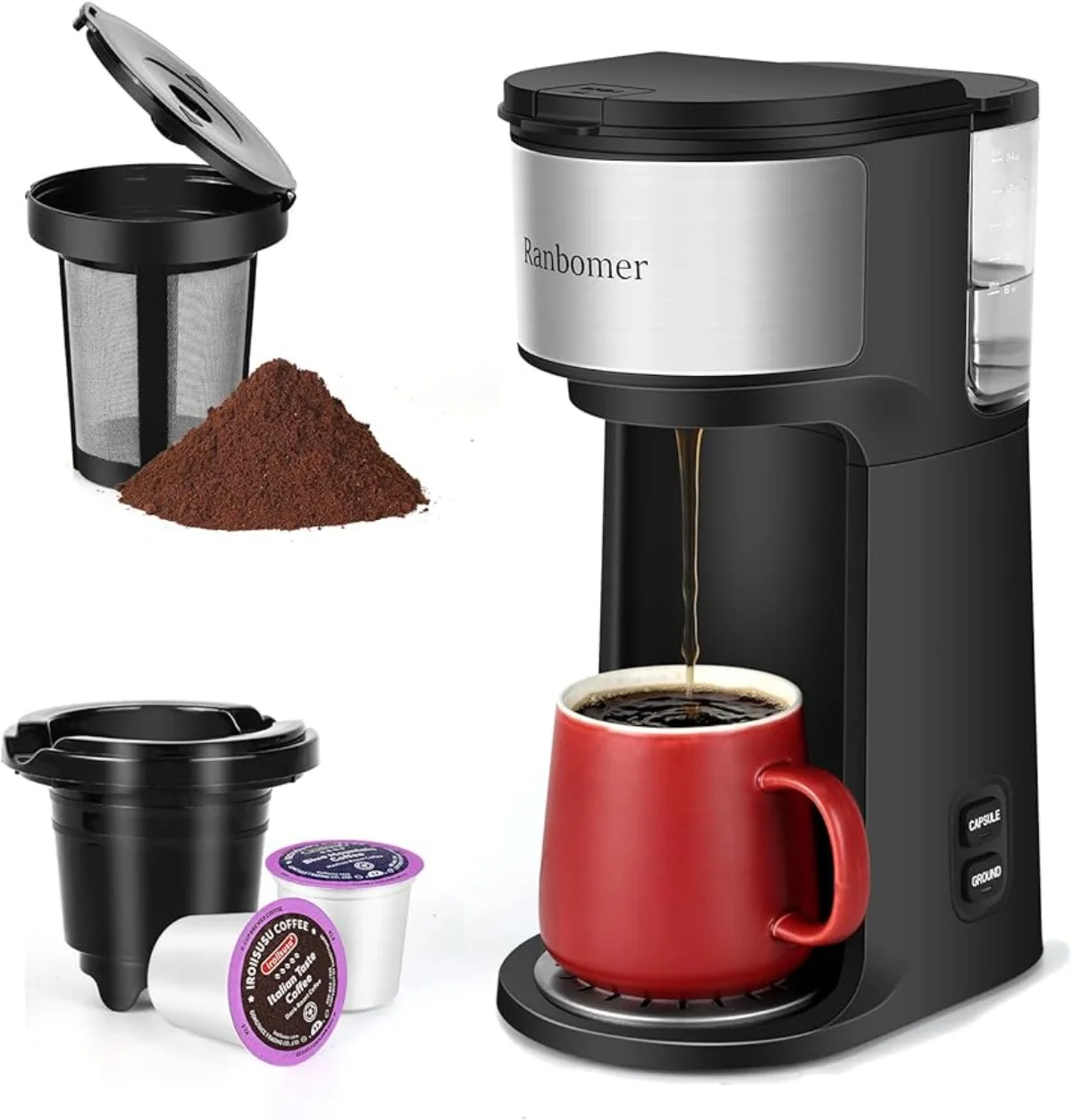 Single Serve Coffee Maker, K Cup and Ground Coffee Machine 2 in 1, 6 to 14 Oz Brew Sizes, Fits Travel Mug, Black | USA | NEW