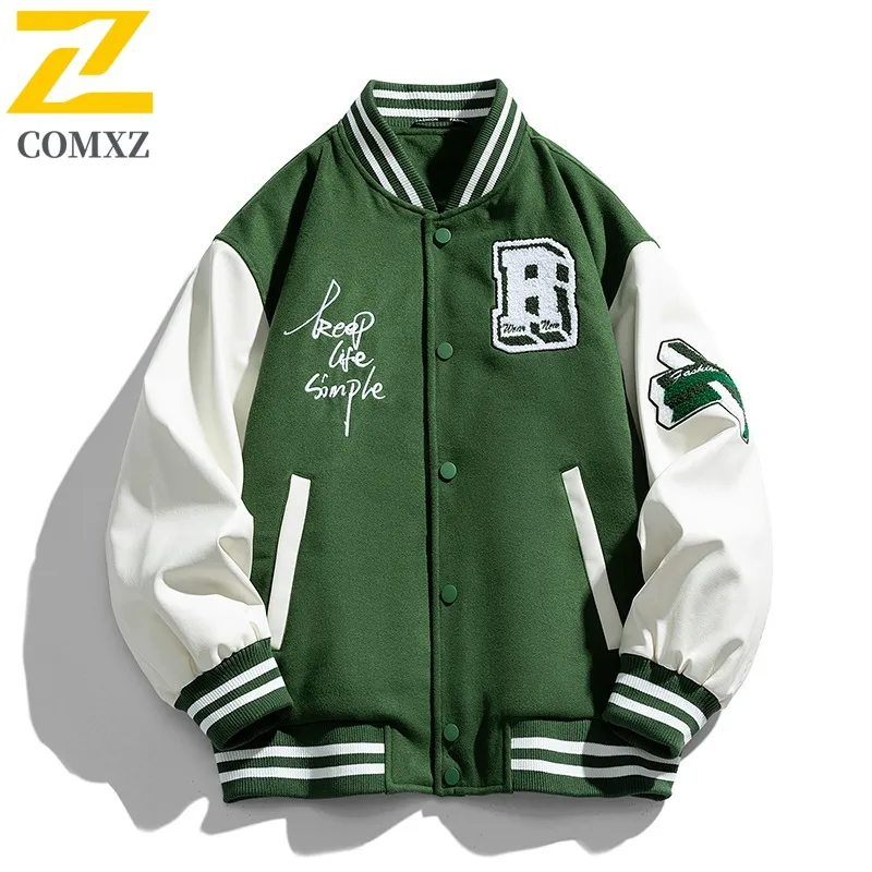 

COMXZ Mens Casual Baseball Jacket Fashion Stand Up Collar Printed Embroidery Design Jacket Hip-hop Style Windproof Autumn Jacket
